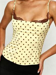 Women Polka Dot Y2K Cami Top Lace Trim Spaghetti Strap Tank Top Fairy Backless Dot Print Going Out Camisole - 黃色 - 查看 5