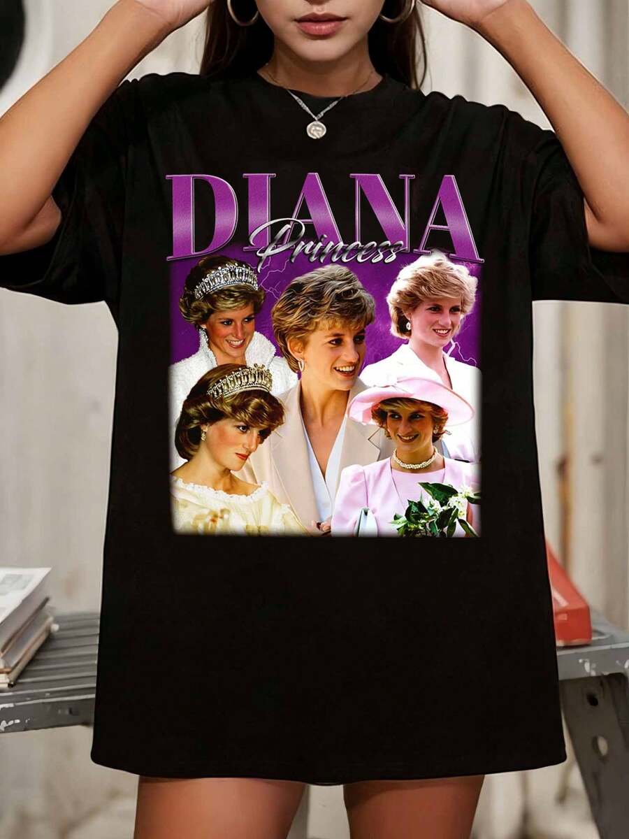 Retro Diana Princess T-Shirt, 90er Vintage Stil - Schwarz - Übersicht 1