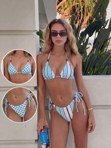 Umkehrbares gestreiftes bedrucktes Bikini-Set mit Perlen für Damen, geeignet für Sommerurlaub, Landausflüge, Festivals, brasilianisches Juni-Outfit, Strandurlaub - Verschiedenfarbig - Übersicht 9