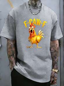 Men's T-Shirt With Funny Rooster Print F-Caw-F - Vintage Black Loose Fit Short Sleeve T-Shirt With Bright Yellow Rooster And F-Caw-F Print, Casual Outdoor Wear, As - 白色 - 查看 6