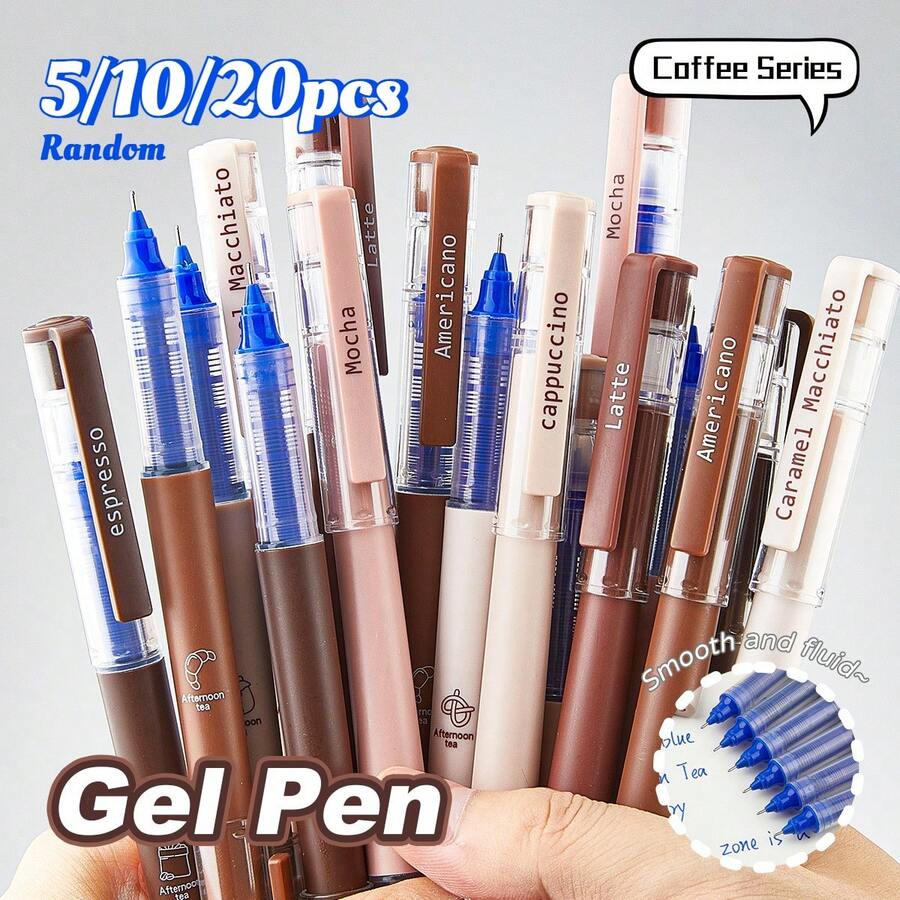 5/1 (Randomly Selected). Coffee Theme Quick-Dry Liquid Ink Gel Pen. 0.5mm Tip. Blue Ink. This Coffee Theme Pen Writes Smoothly Without Smudging, Perfect For Note-Taking And Drawing. School And Office Supplies. - Coffee - View 1