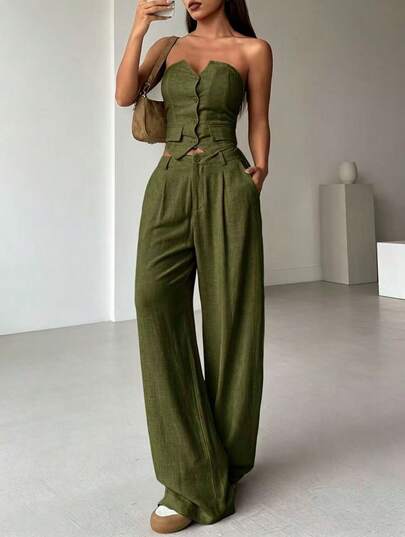 2 peças/Conjunto Top Bandeau e Calça Longa de Cor Sólida Casual Feminino