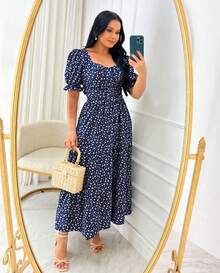Women's Midi Dress With Puff Sleeves, Elastex Back, Lined - 查看 1