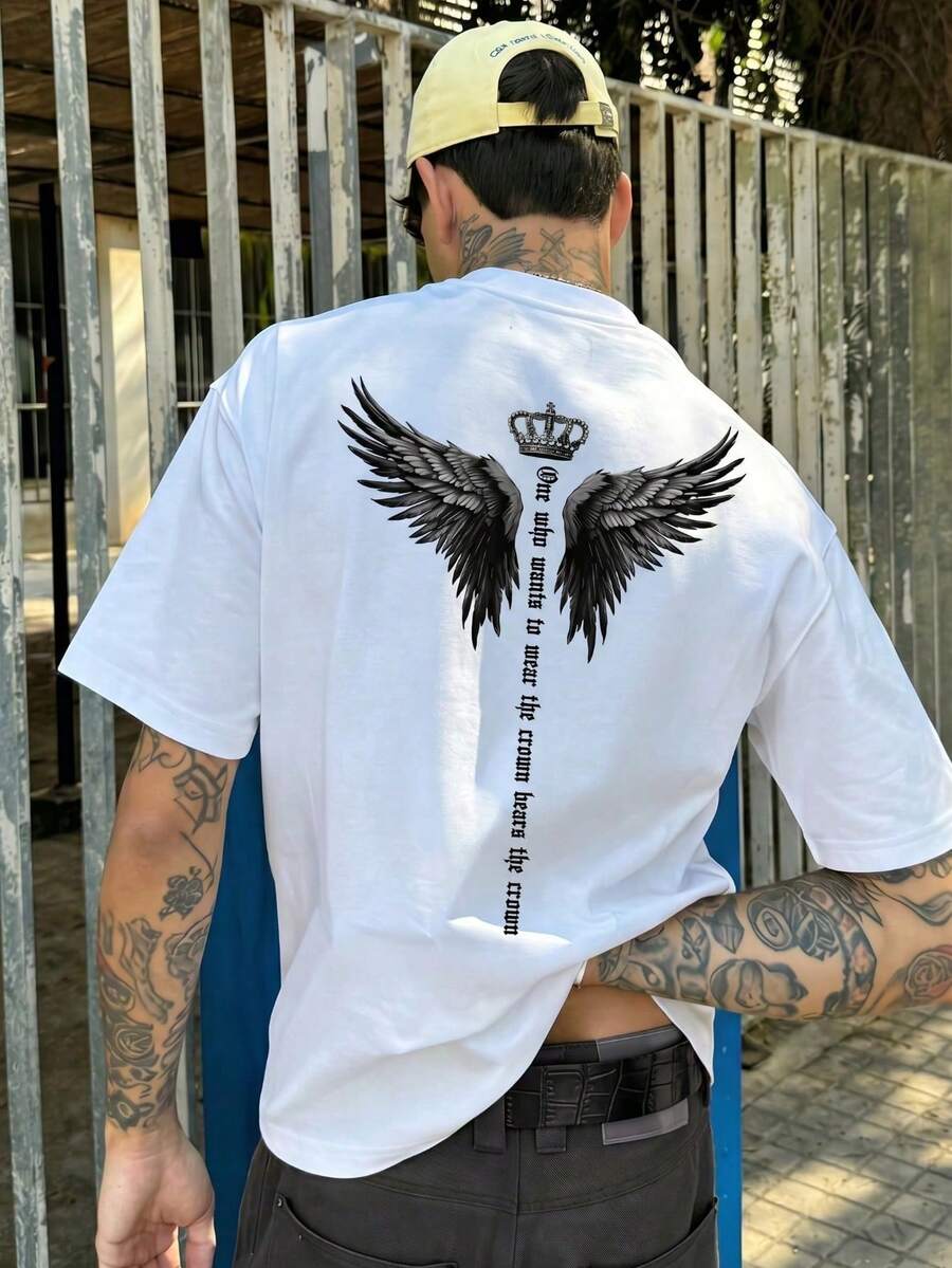 2026 New Men's Summer Casual Street Style American Style Crown And Wings Print Loose Crew Neck Breathable T-Shirt, Comfortable Solid Color Casual Wear - 白色 - 查看 1