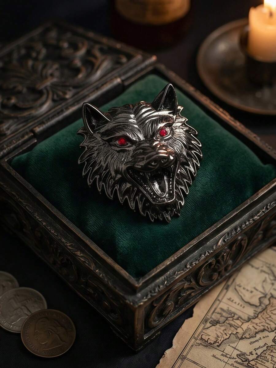 1pc Vintage Metal Wolf Head Brooch For Men, Personalized Animal Shaped Lapel Pin, Fashion Clothing Accessory, Cool Style - Black - View 1