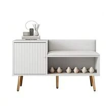 Modern And Luxurious White Shoe Cabinet With Storage Space, Padded Bench And Backrest - Shoe Rack With Metal Handles And Legs - Ideal For The Entryway - Dimensions: W 100 Cm / D 40 Cm / H 58 Cm - White - View 1