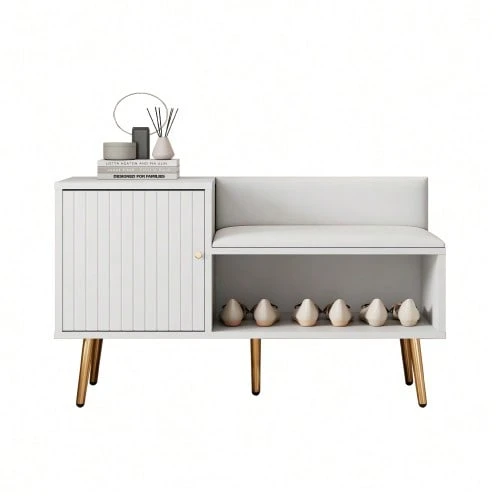 Modern And Luxurious White Shoe Cabinet With Storage Space, Padded Bench And Backrest - Shoe Rack With Metal Handles And Legs - Ideal For The Entryway - Dimensions: W 100 Cm / D 40 Cm / H 58 Cm - White - View 1