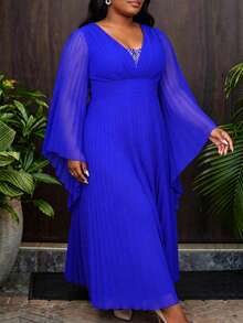 AOMEI Elegant Noble Royal Blue Chiffon Pleated Long Dress V-Neck Beaded Decor Long Batwing Sleeve Waist Belt Luxurious Evening Wedding Guest Party Gown - Blue - View 5
