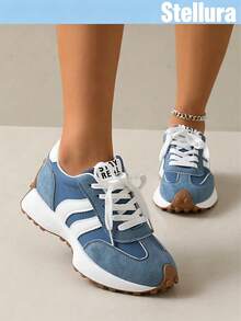 2026 New Retro Suede Sneakers Women, Blue White Casual Lace-Up Trainers, Comfortable Non-Slip Chunky Sole Running Shoes, Aesthetic - Blue - View 4