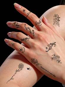 30 Pieces Of High-Quality Black Temporary Tattoo Stickers With A Variety Of Designs, Including Flowers, Plants, Letters, Planets, Hearts, And Lines. Suitable For Fingers, Collarbones, Arms, Ankles, And Other Body Parts. Waterproof And Long-Lasting - Black - View 4