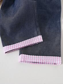 2pcs/Set Baju Anak Perempuan Motif Beruang Kartun Lucu Bordir Kotak-kotak Warna Pink Muda Lengan Pendek Berkerut dan Celana Panjang Denim untuk Musim Panas - Putih - View 10