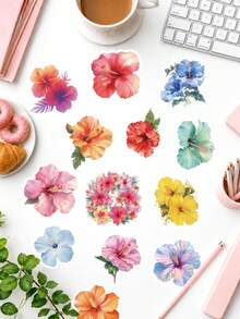 50Pcs Summer Watercolor Hibiscus Flower Stickers For Kids, Tropical Multicolor Floral Decals, Waterproof Vinyl Stickers For Water Bottles, Laptops, Journals & DIY Decor - Multicolor - View 1
