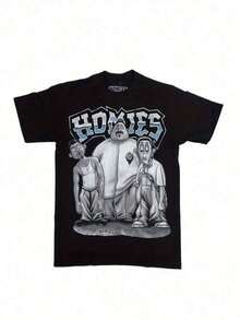 Men'S Retro  HOMIES  Graphic T-Shirt - Dark Wind Comfort Cotton, Casual Crew Neck, Regular Fit, Ideal Spring Summer Fall, Perfect Valentine'S Day Gift - 黑色 - 查看 1