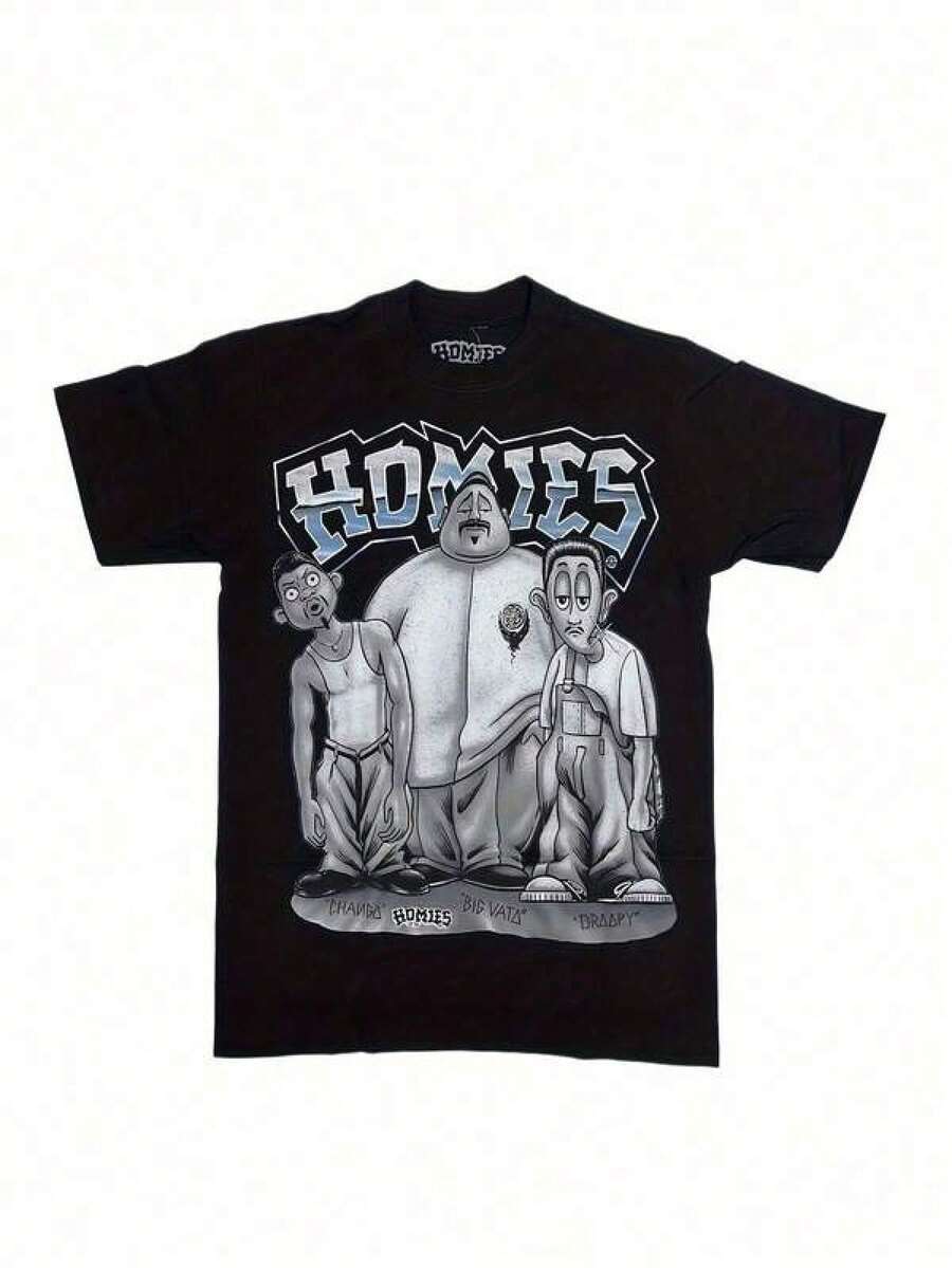 Men'S Retro HOMIES Graphic T-Shirt - Dark Wind Comfort Cotton, Casual Crew Neck, Regular Fit, Ideal Spring Summer Fall, Perfect Valentine'S Day Gift - 黑色 - 查看 1