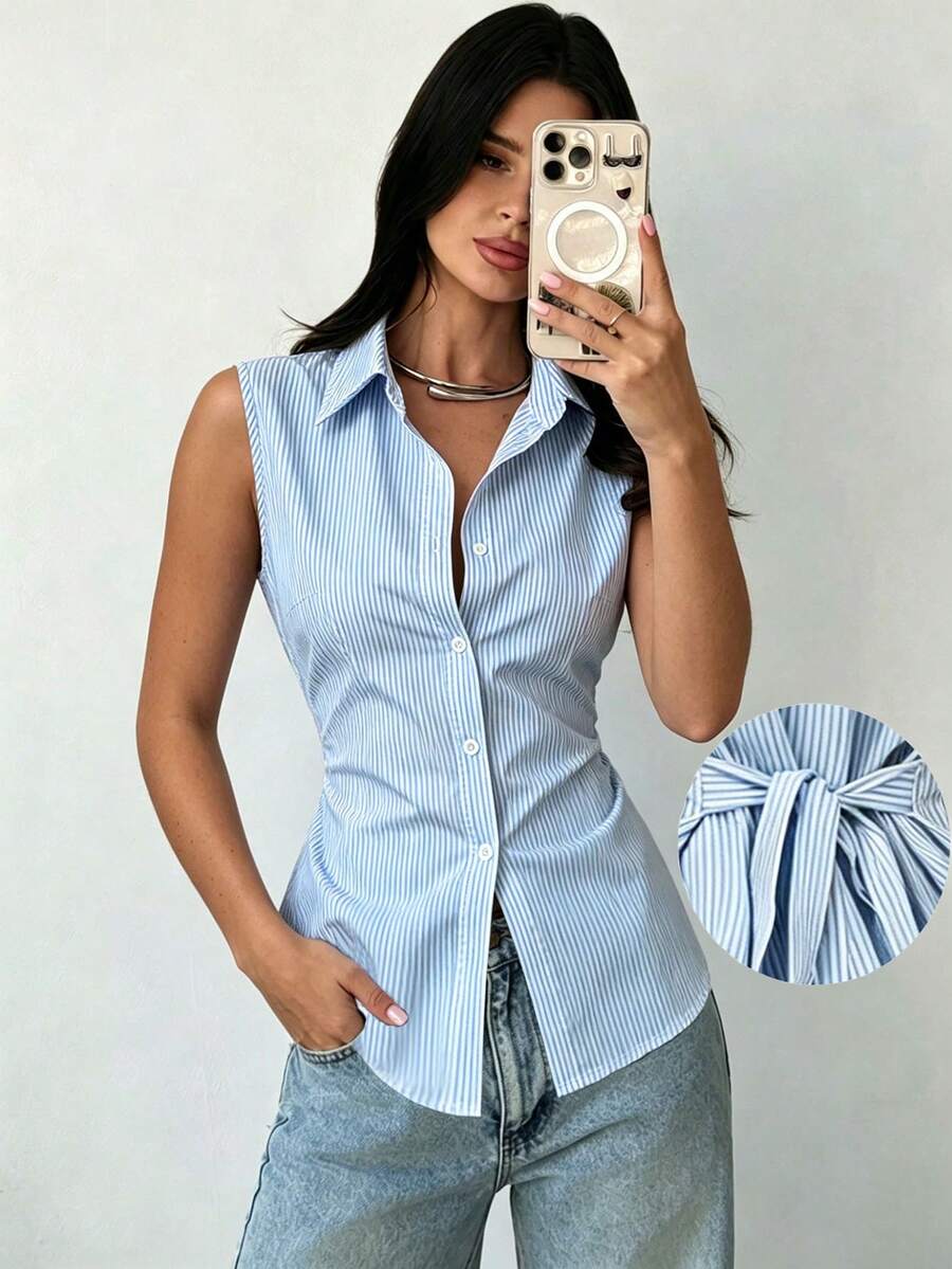 Women's Casual Striped Sleeveless Shirt Collar Top, Back Tie Waist Women's Blouse, Fashionable Casual Versatile Design - Women's Summer Clothing