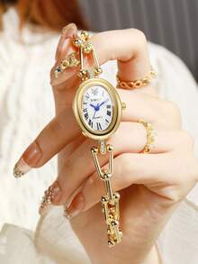 Women's Exquisite Oval Roman Numeral Bracelet Watch, U-Shaped Beaded Chain Rhinestone Inlaid Luxury Niche Quartz Watch, Gift For Best Friend (1pc/Set) Watch Box Not Included - Gold - View 9