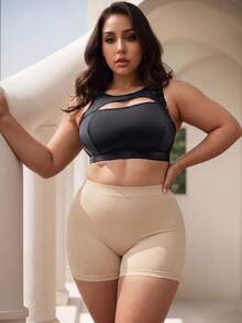 1piece Of Plus Size Women's Black Seamless Panties, Elastic Breathable Comfortable Basic Model Shorts, Fat Ladies Breathable Boxer - Apricot - View 5