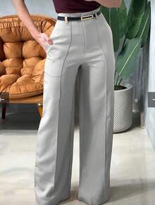 Women's Tailored Dress Pants With Belt, Luxury Wide-Leg Pants - Gray - View 1