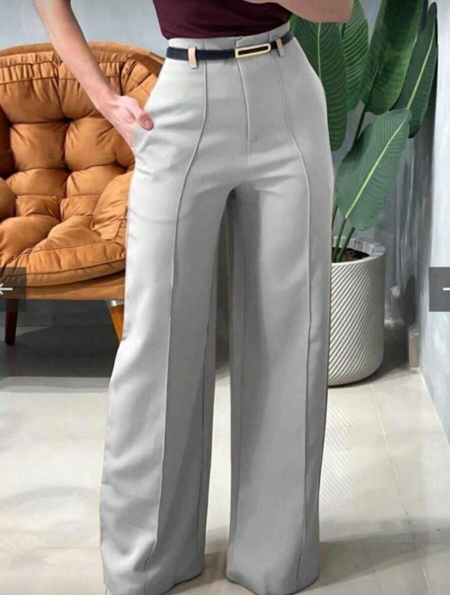 Women's Tailored Dress Pants With Belt, Luxury Wide-Leg Pants - Gray - View 1