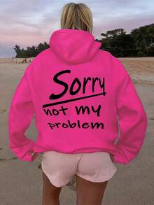 大尺碼早秋新款女款休閒時尚運動衫「Sorry, Not My Problem」字母背印口袋薄款抽繩運動上衣 - 玫紅色 - 查看 3