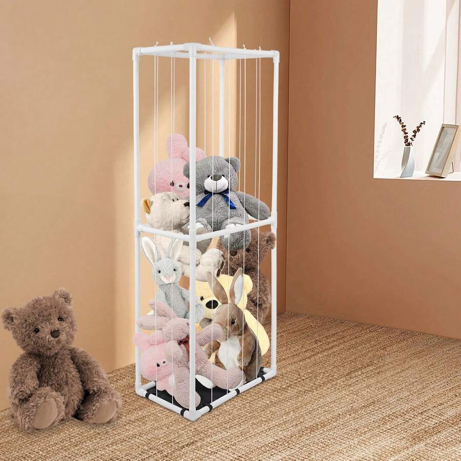 White PVC Vertical Stuffed Animal Storage Organizer, Floorstanding Plush Toy Holder With Elastic Rope For Bedroom Playroom - White - View 1
