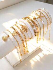 12pcs/7pcs Vintage Elegant Bohemian Style Women's Metal Chain Starfish Shell Butterfly Pendant Pearl Beaded Anklets Suitable For Daily Wear, Party, Gathering And Summer Beach Vacation Travel - Gold - View 5