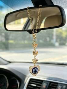1pc Evil Eye Heart Car Hanging Ornament, Crystal Butterfly Gold Chain Rearview Mirror Pendant, Auto Interior Decor Accessories - Devil Butterfly Chain - View 3
