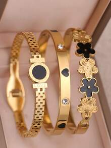 3Pcs/1pc Stackable Gold Bracelet Set | Clover & Heart & LOVE Pattern | Boho Bangle For Party & Daily Outfit - Yellow Gold - View 2