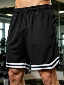 1 pieza Pantalones cortos de verano estilo novio para hombres, para correr, gimnasio, entrenamiento, trotar, baloncesto, fútbol, pantalones cortos deportivos de color contrastante - Negro - Ver 6
