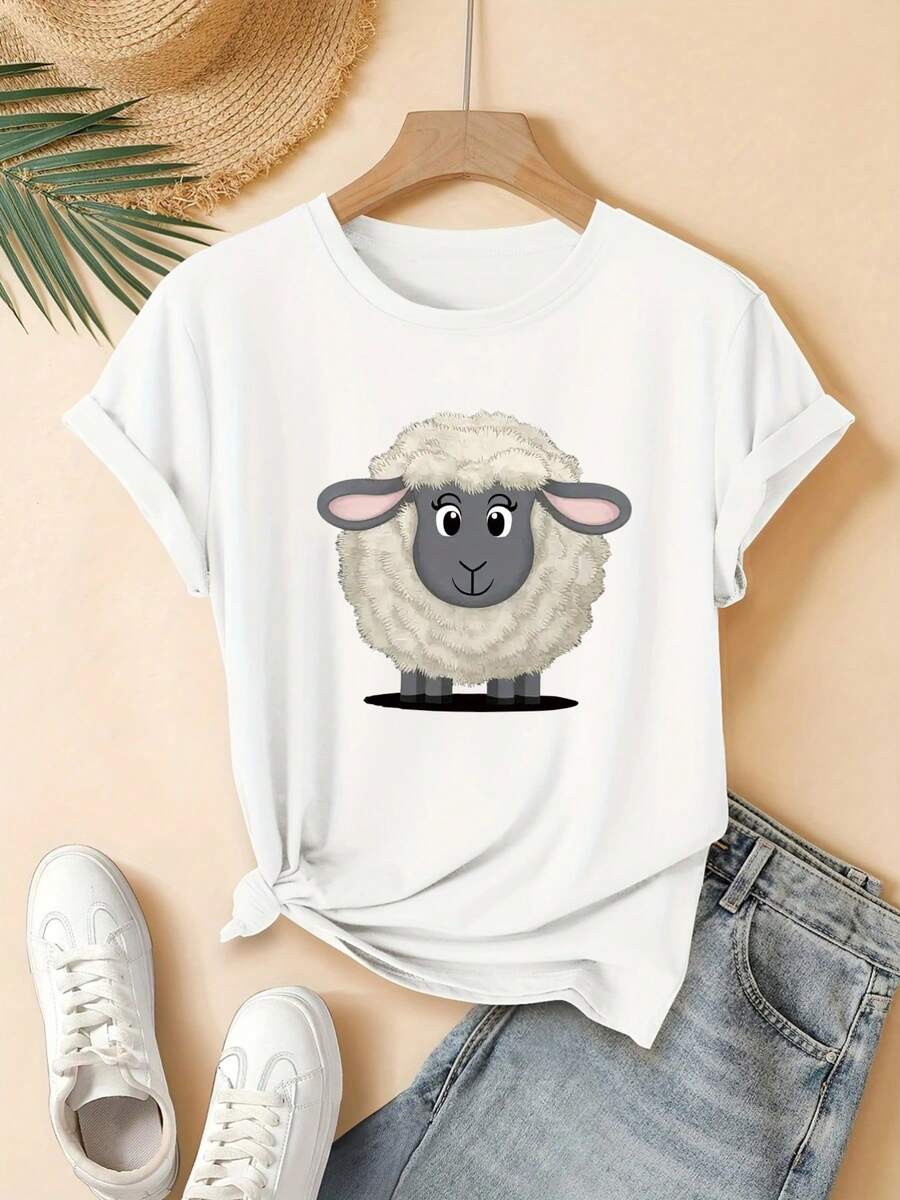 2026 Women's Shirts [Women's Short Sleeve T-Shirt] New Women's Short Sleeve T-Shirt, Cartoon Sheep Print, Adorable, Lively, Fashionable, Beautiful And Casual - 白色 - 查看 1