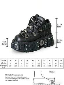 Thick Sole Height-Increasing Soft Bottom Ankle Boots For Women, Black Round Toe Lace-Up Metal Flat Ankle Boots, Punk Style Sports Casual Shoes, Halloween Y2K Style Sneakers - Black - View 12