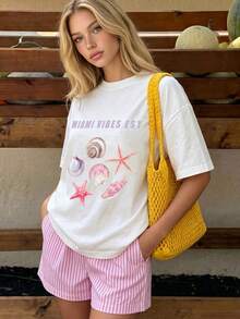 女款圓領寬鬆貝殼海星印花 MIAMI VIBES 圖案 T-shirt 夏季休閒海灘短袖上衣 - 白色 - 查看 3