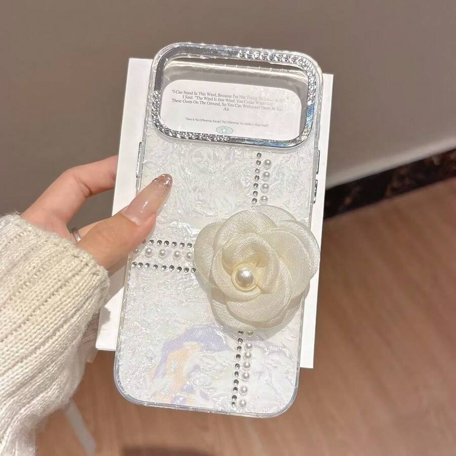 1件新款Ins時尚奢華優雅3D DIY水鑽珍珠花朵手機殼，水鑽珍珠十字花設計，粉色/白色2色可選，韓系高級時尚風格，專為Apple 17/16/15/14/13/12/11/8/7/X/Pro、Promax及其他機型設計，具防摔功能，適合女孩的理想禮物，亦適合作為生日或情人節禮物 - 白色 - 查看 1