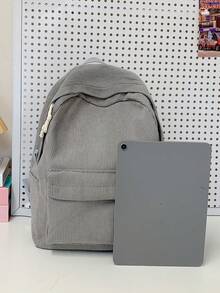 1個休閒學院風素色燈芯絨學生後背包，多口袋輕量休閒上學包，大容量書包，適合學生/畢業生/研究生，適用於開學、校園學習、短途旅行、戶外露營和日常休閒出遊 - 多色 - 查看 4