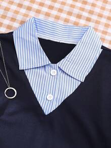 Kaos Anak Perempuan Remaja, Desain Baru Mode Musim Semi/Gugur, Atasan Polo Kasual Biru Kerah Kemeja Patchwork 2 in 1 - Biru - View 4