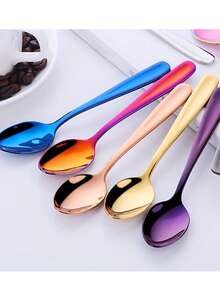 5pcs Colorful Stainless Steel Coffee Spoons, 14cm/5.51in, Colorful Small Tea Spoons, Ice Cream Spoons, Stirring Spoons, Rice Spoons, Dessert Spoons, Party Gathering Spoons, Tableware Set, Creative Gift, Dishwasher - Multicolor - View 12