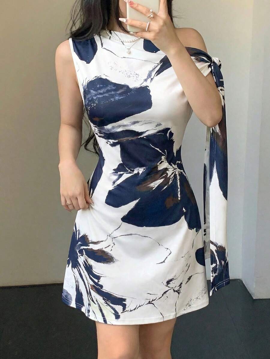 Vestido minimalista para mujer con estampado floral de tinta, hombro asimétrico con lazo, cintura ajustada - Amarillo - Ver 1