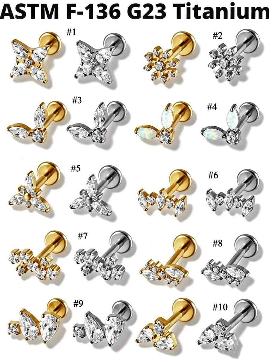 1 chiếc khuyên môi Snowflower G23 bằng titan nguyên chất 16G ren trong, đính đá CZ/Opal dáng marquise, khuyên tai helix, tragus, sụn, trang sức xỏ khuyên cơ thể