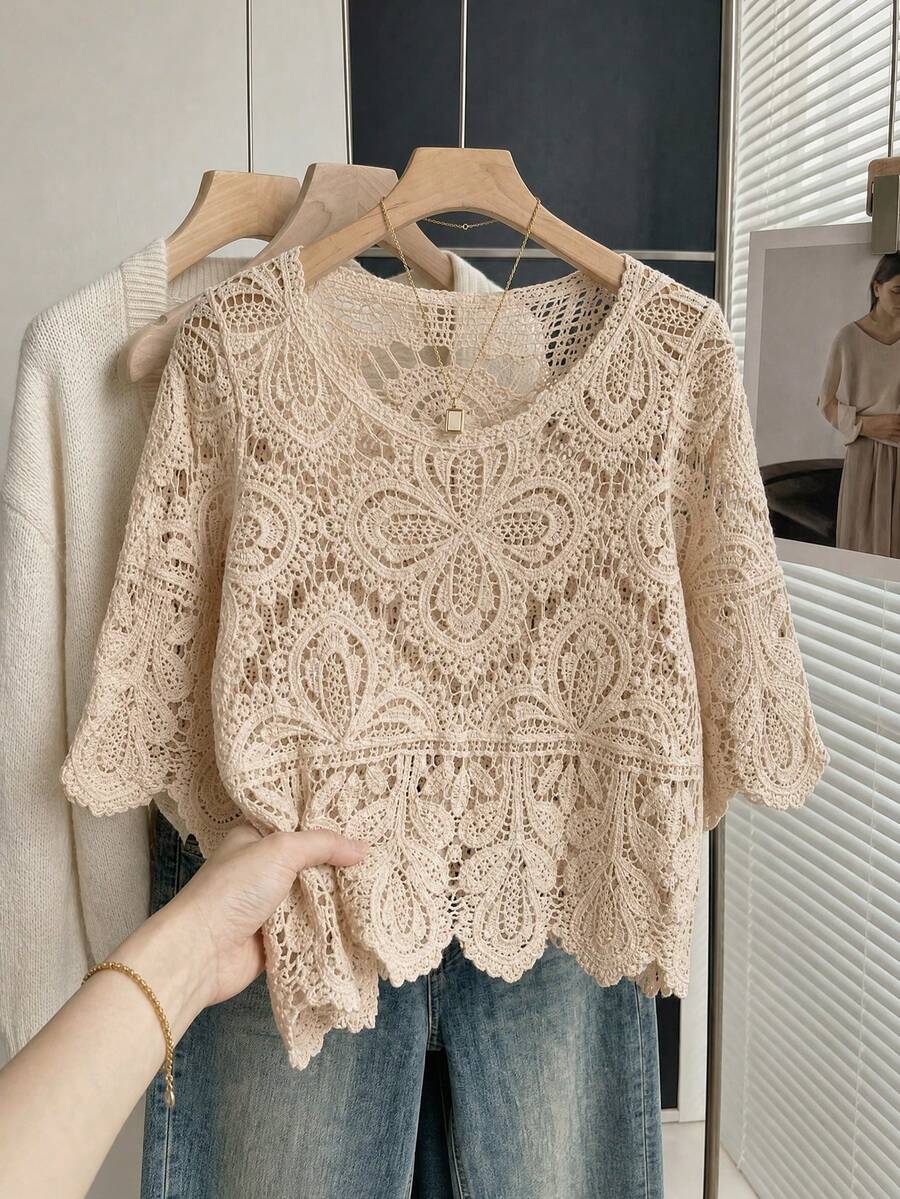 Women's Summer Bohemian Style Hollow Lace Blouse | Loose Short Sleeve Beach Shirt Suitable For Vacation, Festivals, Resorts And Music Festivals - Apricot - View 1