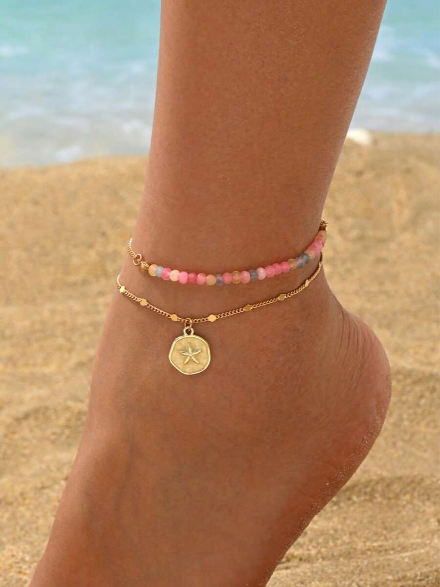 2pcs/Set Estilo Vacaciones de Playa Conjunto de Tobilleras Decorativas con Colgante de Estrella de Mar con Strass Rosa y Efecto Goteo de Aceite Blanco, Joyería de Pie de Mujer Dorada de Moda, Adecuada para Uso Diario, Vacaciones de Playa, Citas, Fiestas, Festival de Música, El Color del Strass es Aleatorio - Multicolor - Ver 1