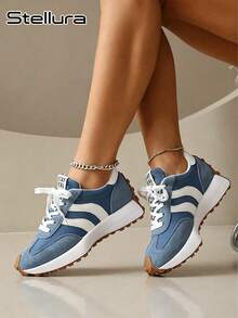 2026 New Retro Suede Sneakers Women, Blue White Casual Lace-Up Trainers, Comfortable Non-Slip Chunky Sole Running Shoes, Aesthetic - Blue - View 5