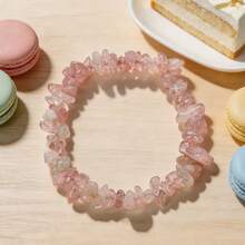 Asymmetric Natural Gemstone Bracelet, Elastic Chip Stone Beads, Rose Quartz Crystal Bracelet, Women's Bracelet, Valentine's Day Gift - Baby Pink - View 9
