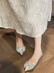 zuandashu Zapatos de boda plateados con lazo brillante para mujer, zapatos de dama de honor con punta fina y suela plana, zapatos para vestido de novia, zapatos de fiesta con suela blanda y parte superior suave, zapatos para ir al trabajo, talla 34 a 42, zapatos de oficina para primavera, verano, otoño e invierno - Plateado - Ver 7