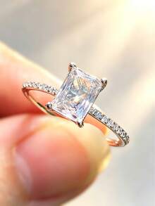1 chiếc nhẫn cưới/đính hôn hình vuông bằng bạc Sterling S925 đính đá Cubic Zirconia, món quà trang sức thanh lịch và sang trọng để đeo hàng ngày dành tặng nàng. - Bạc - Xem 3
