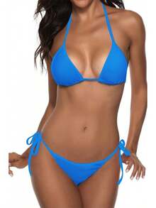 Women Two Piece Swimsuit Sexy Swimwear Halter String Triangle Bikini Sets - Blue5 - View 1