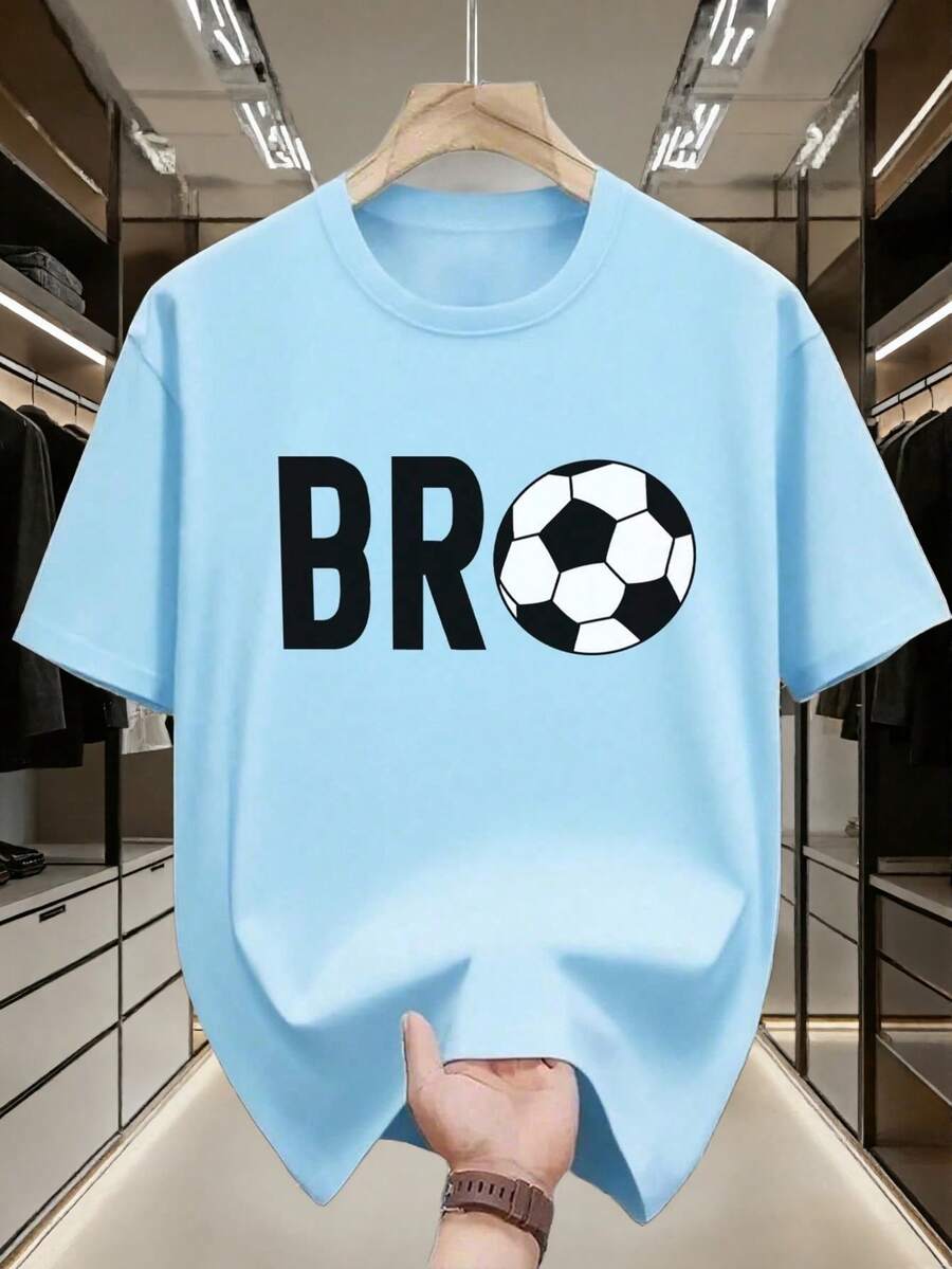 Navy Blue Short-Sleeved Crew Neck T-Shirt With "Bro" Football Print For Pre-Teen Boys, Summer Sports T-Shirt For Football-Loving Pre-Teen Boys - 淺藍色 - 查看 1