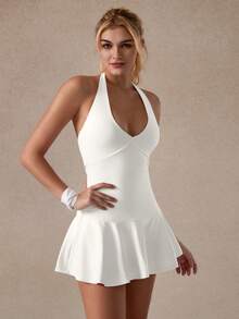 TimeOff Women's One Piece Solid Color Halter Neck Backless Pocket Lined Shorts Sports Romper - White - View 9