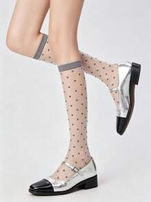 Polka Dot Floral High-Top Sheer Stockings, JK Style, Preppy Look, Perfect For Back-To-School Outfits. - Multicolor - View 11