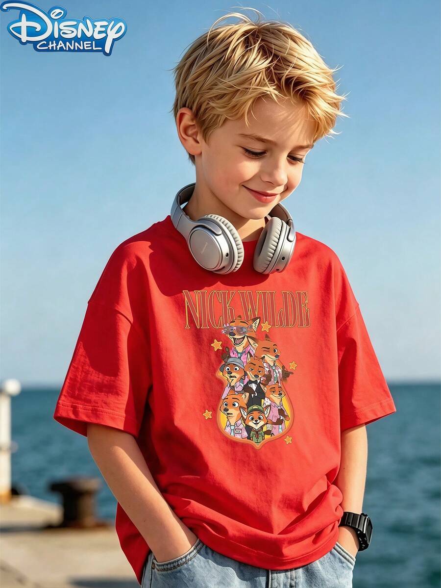 Disney 1 Piece Teen Boy Zootopia Nick Wilde Letter Print Short Sleeve Shirts Teen Boy Clothes Boys Clothes Boys Shirts Teen Daily Casual Tops Summer - Red - View 1