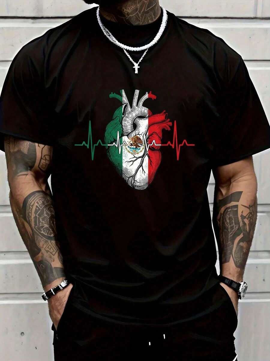 2026 Women's Blouses 100% Cotton, T-Shirt With Mexican Heart Design, Mexican Flag, Heartbeat, EKG, Pulse, Mexican Pride, Graphic T-Shirt For Women And Men - 黃色 - 查看 1